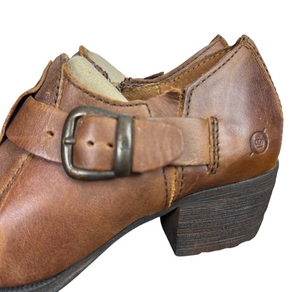 Born Brown Leather Chunky Block Heel Ankle Booties Boots Shoes Buckle Strap 7.5 - Picture 9 of 16